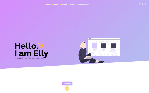 A website with the title 'Hello. I am Elly' next to a girl sitting with her laptop